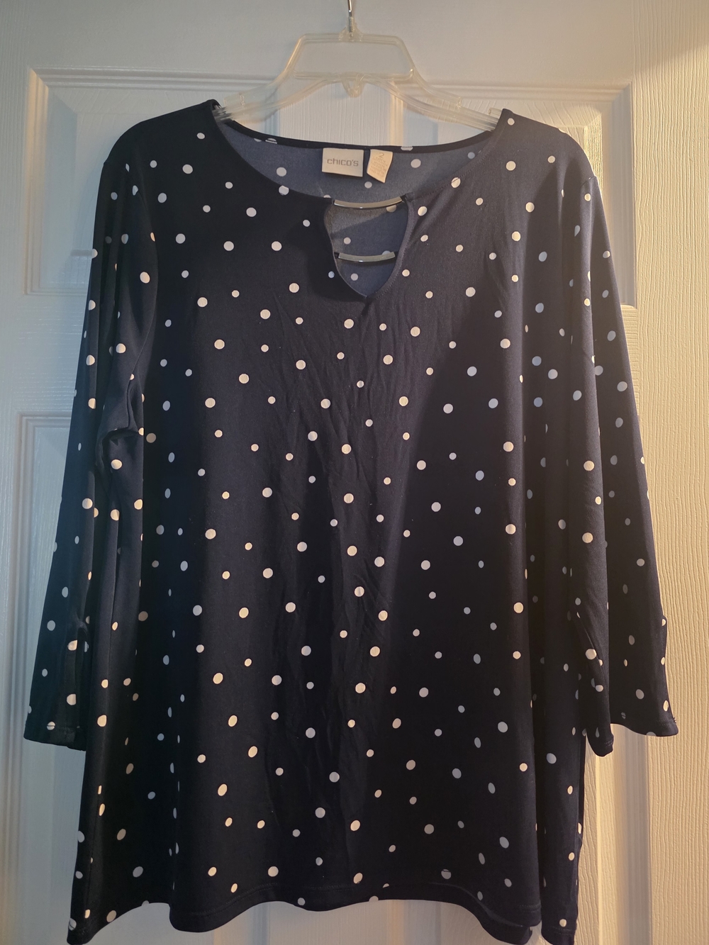 Chico's Navy Polka Dot Keyhole Top